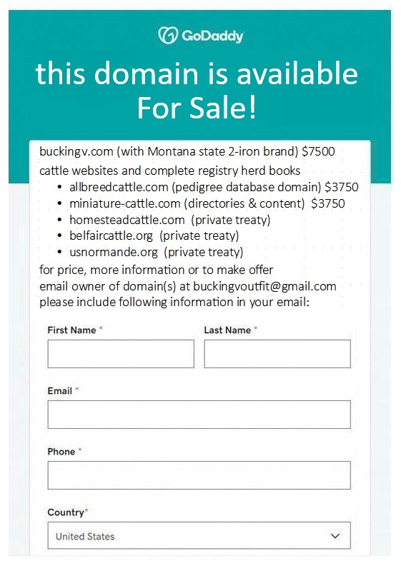 domains for sale: buckingv.com, allbreedcattle.com, miniature-cattle.com, homesteadcattle.com, belfaircattle.org, usnormande.org, curlyhorses.com